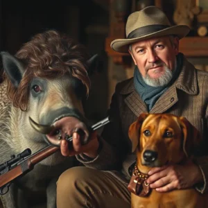 Cazador español captura jabalí en rusticidad