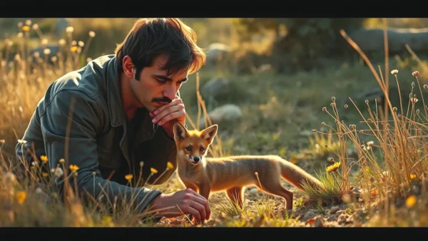 Un hombre observa a un zorro herido en la naturaleza
