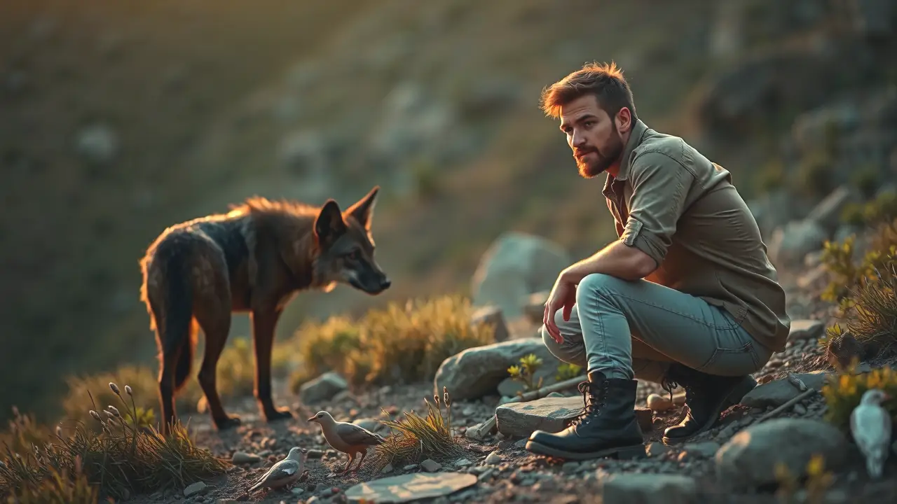 Un hombre observa al coyote en la montaña