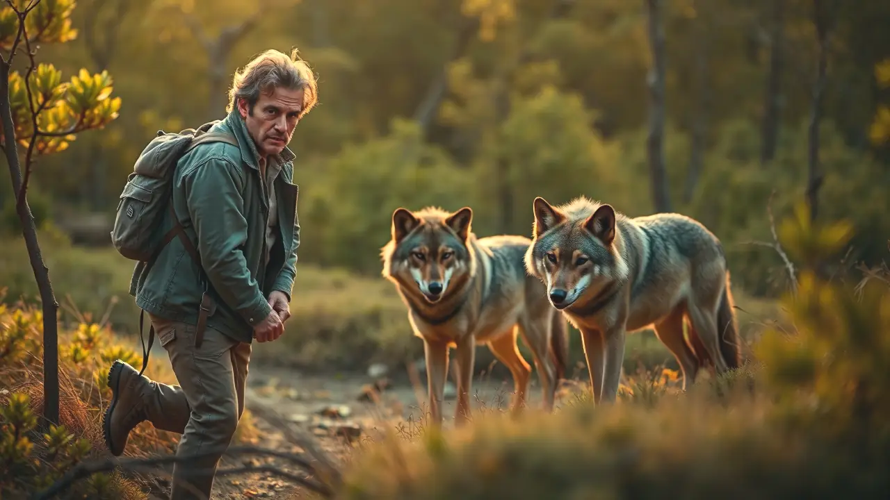Un hombre observa lobos en la restauración