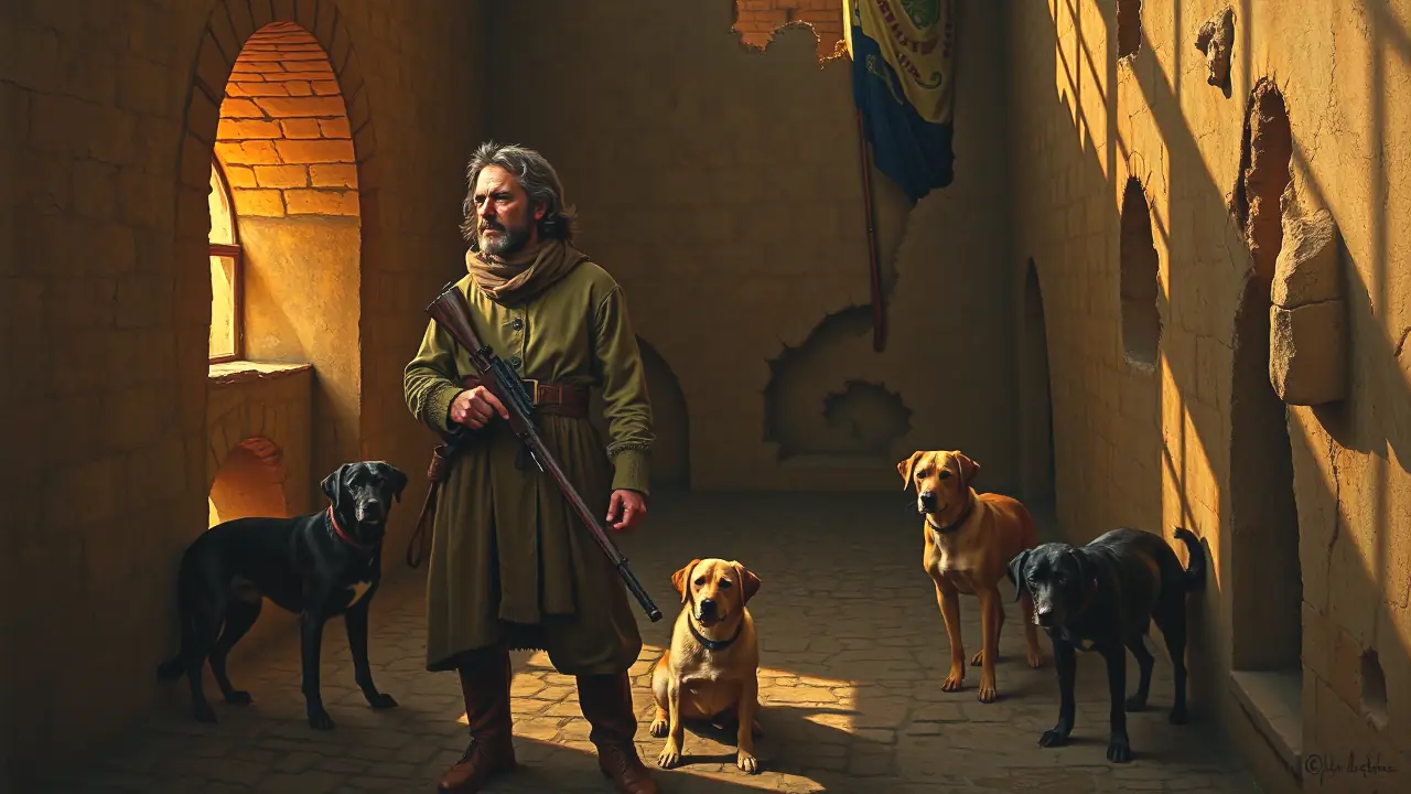 Un hombre español serio observa el castillo