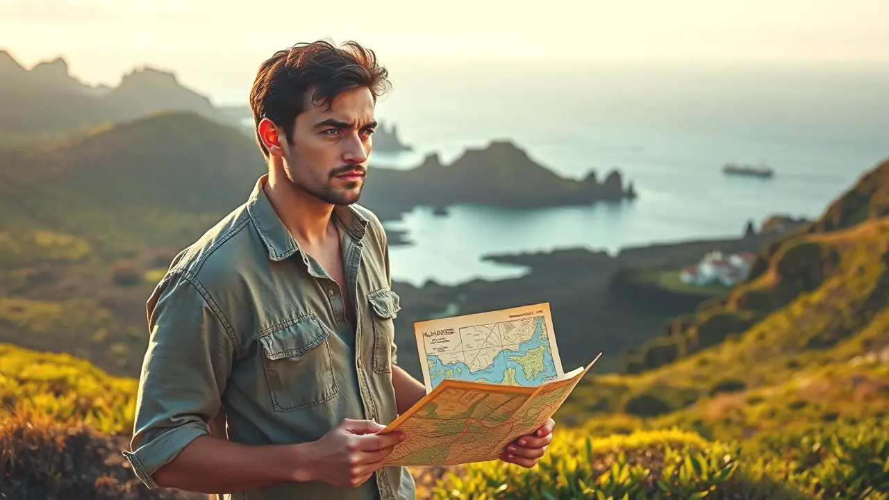 Un hombre contemplativo examina el Azores en pintura realista