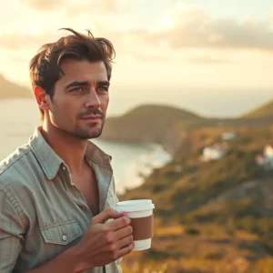Un hombre español tranquilo contempla volcanes y mar