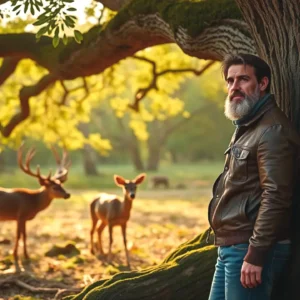 Un hombre observa animales en bosque otoñal