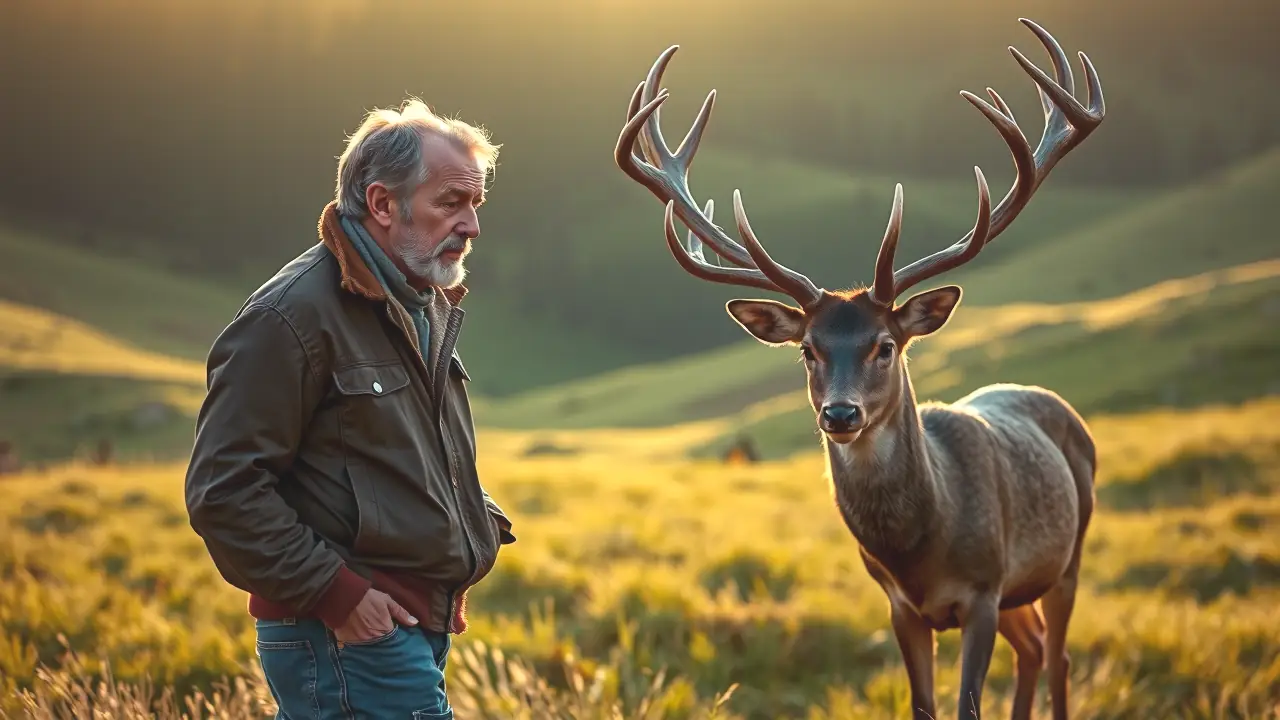 Un hombre observa un ciervo en la naturaleza