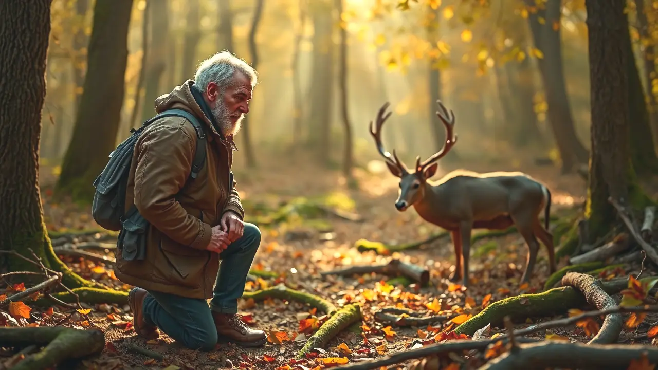 Un fotógrafo observa la fauna en bosque otoñal