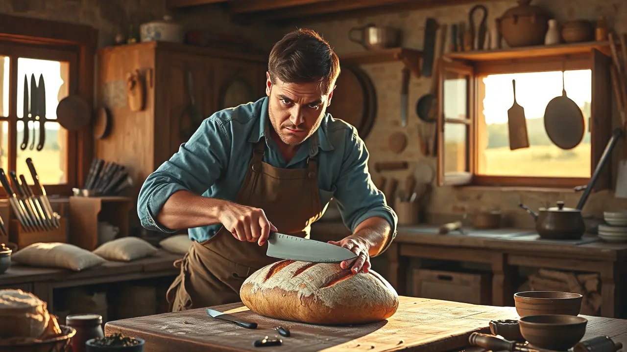 Cuchillo de Sierra: Versátil Herramienta para Cocina y Supervivencia 3 Un hombre español realista corta pan con maestría