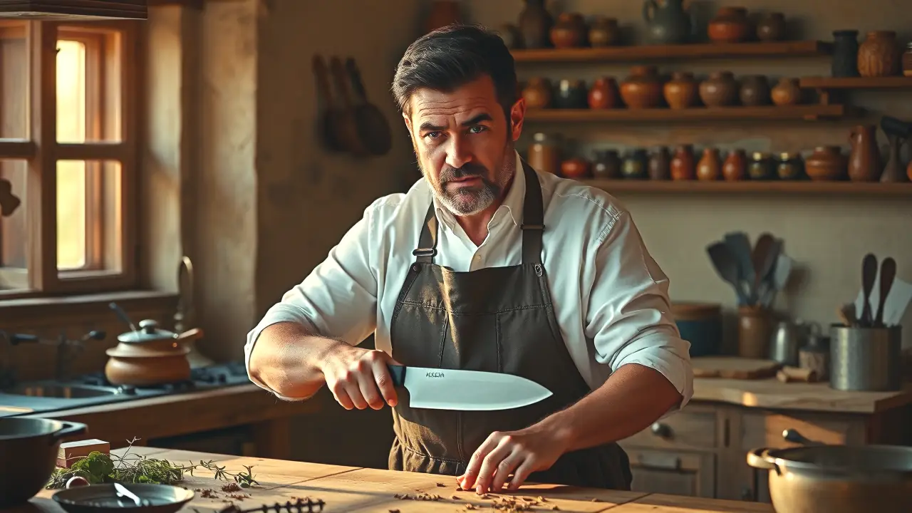 Cuchillo de Sierra: Versátil Herramienta para Cocina y Supervivencia 5 Un hombre español contempla la cocina rústica