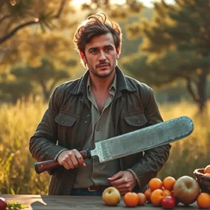 Un hombre robusto sostiene un machete en la naturaleza