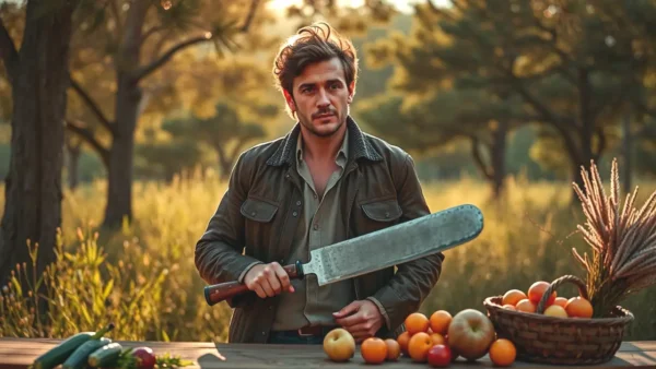 Un hombre robusto sostiene un machete en la naturaleza