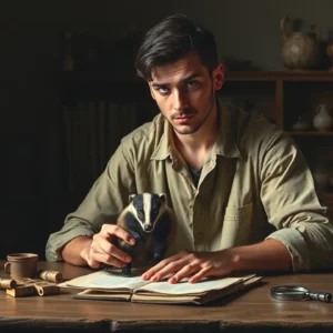 Un hombre español contempla un tejón en estudio