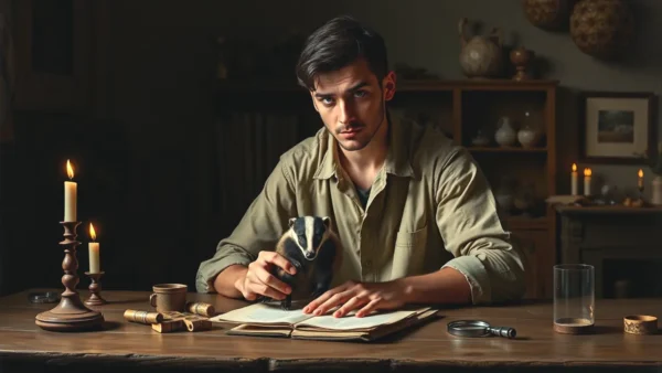 Un hombre español contempla un tejón en estudio