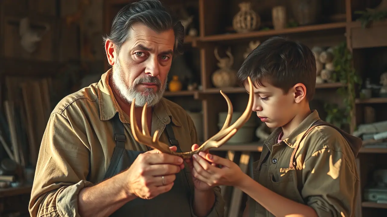 Un hombre y su aprendiz miden un cuerno de ciervo