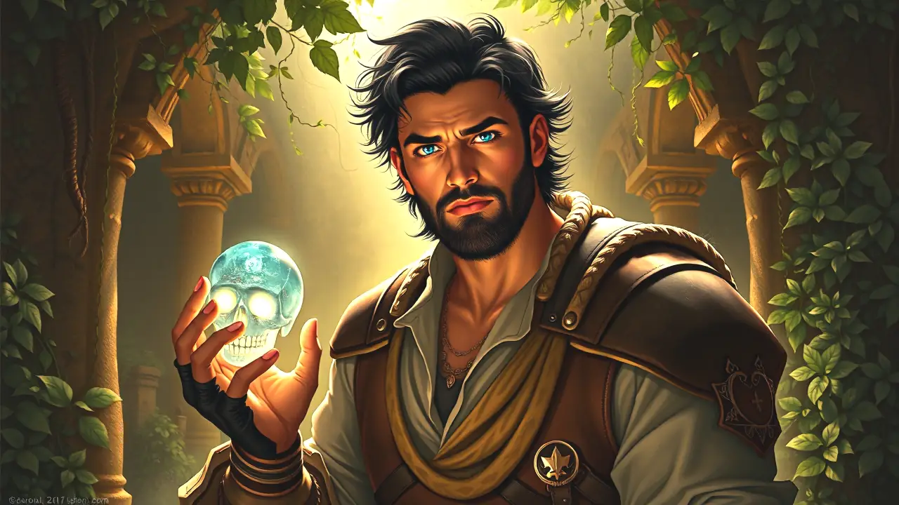 Un hombre español sereno sostiene un cráneo brillante