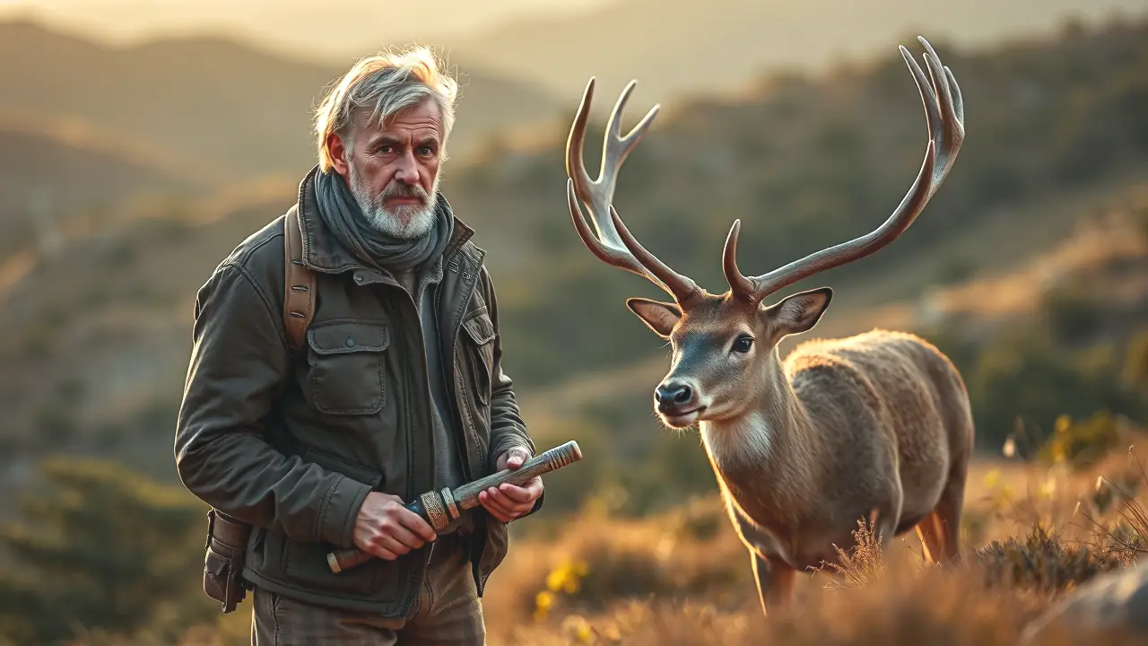 Un cazador español contempla un ciervo majestuoso en la montaña