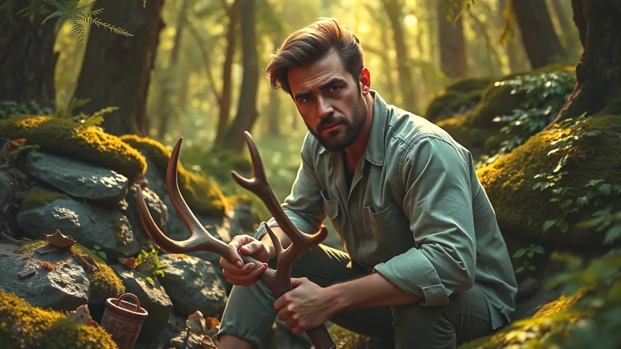 Un hombre español contempla cuernos de ciervo en bosque