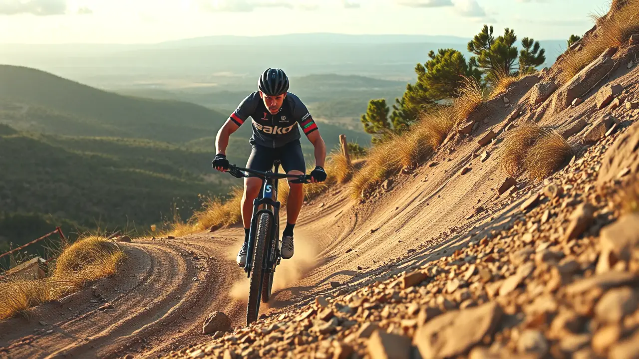 Un ciclista español desafía una montaña rocosa al atardecer