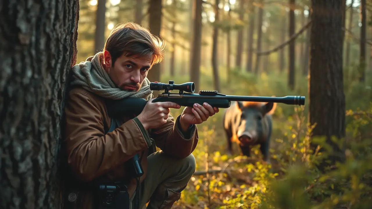 Un cazador observa cautelosamente el jabalí en bosque