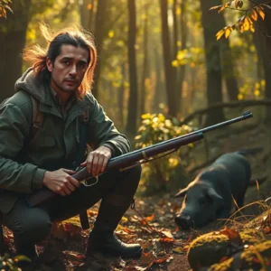 Un cazador español observa el jabalí en la sombra