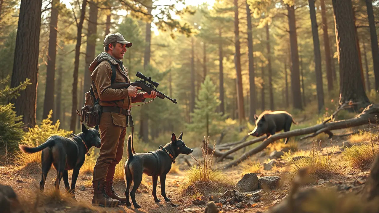 Un cazador español confiado persigue el jabalí