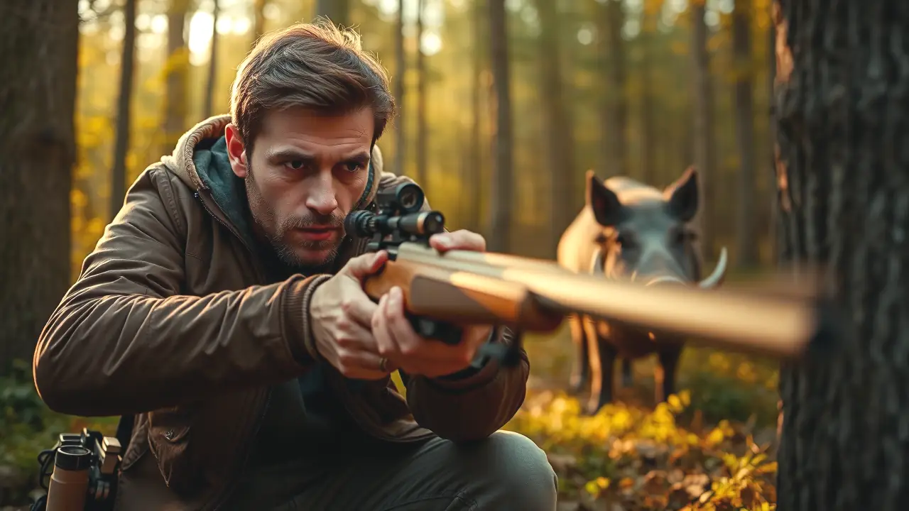 Un cazador español observa cautelosamente al jabalí