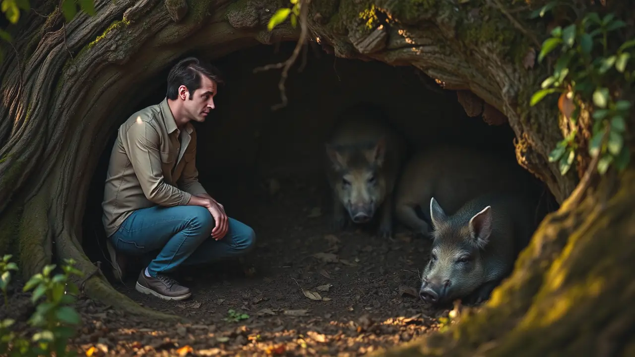 Un hombre observa cerdos salvajes en bosque