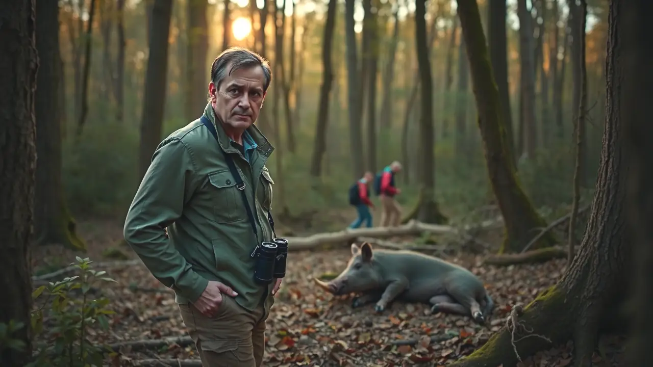 Investigador observa el cerdo dormido en bosque