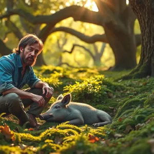 Un hombre contemplativo duerme junto a un jabalí