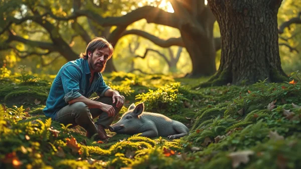 Un hombre contemplativo duerme junto a un jabalí