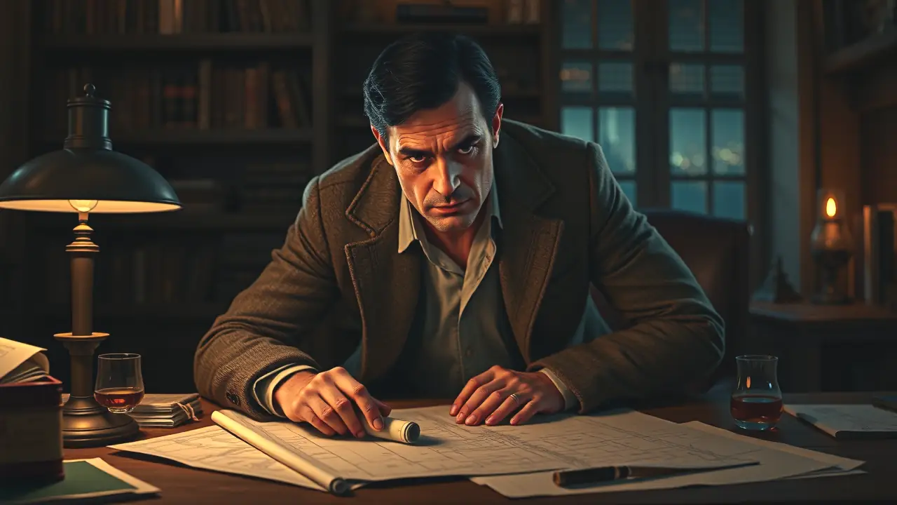 Un hombre pensativo examina planos en oficina oscura