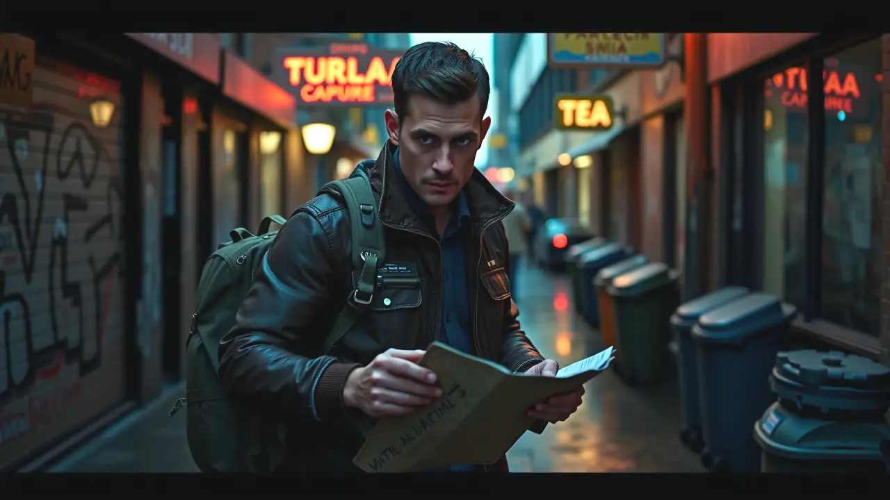 Un hombre solitario busca en la ciudad lluviosa