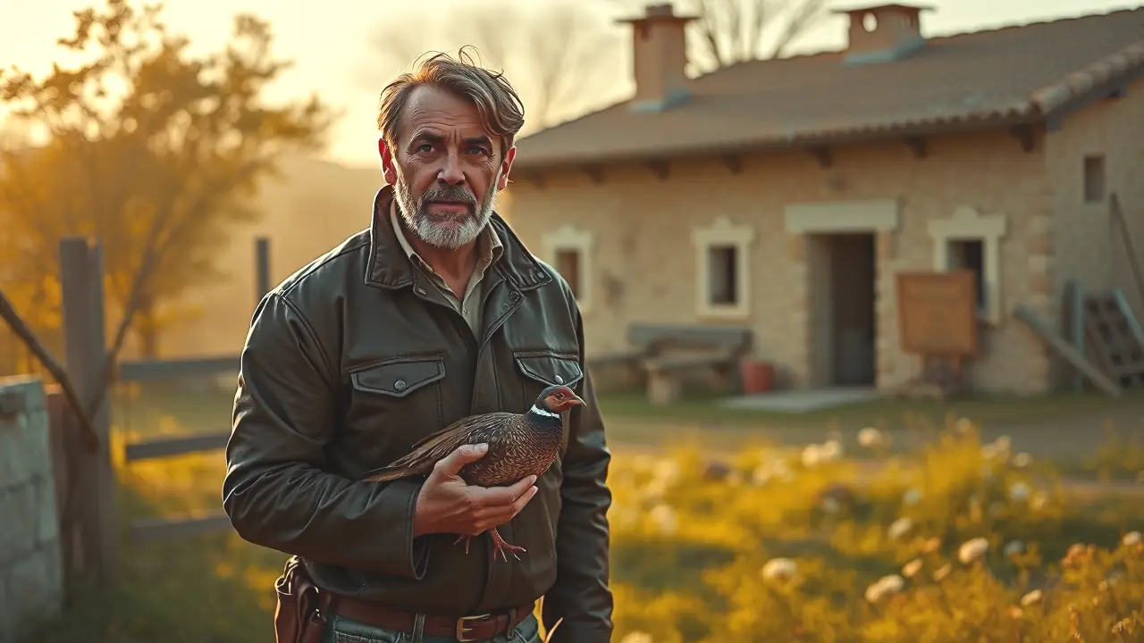 Un hombre pensativo sostiene un faisán en España