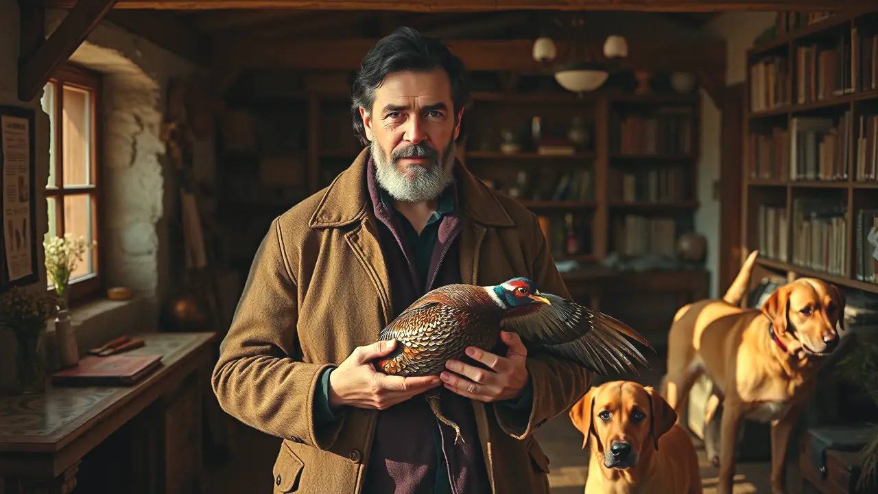 Un hombre español confiado sostiene un faisán en un interior rústico