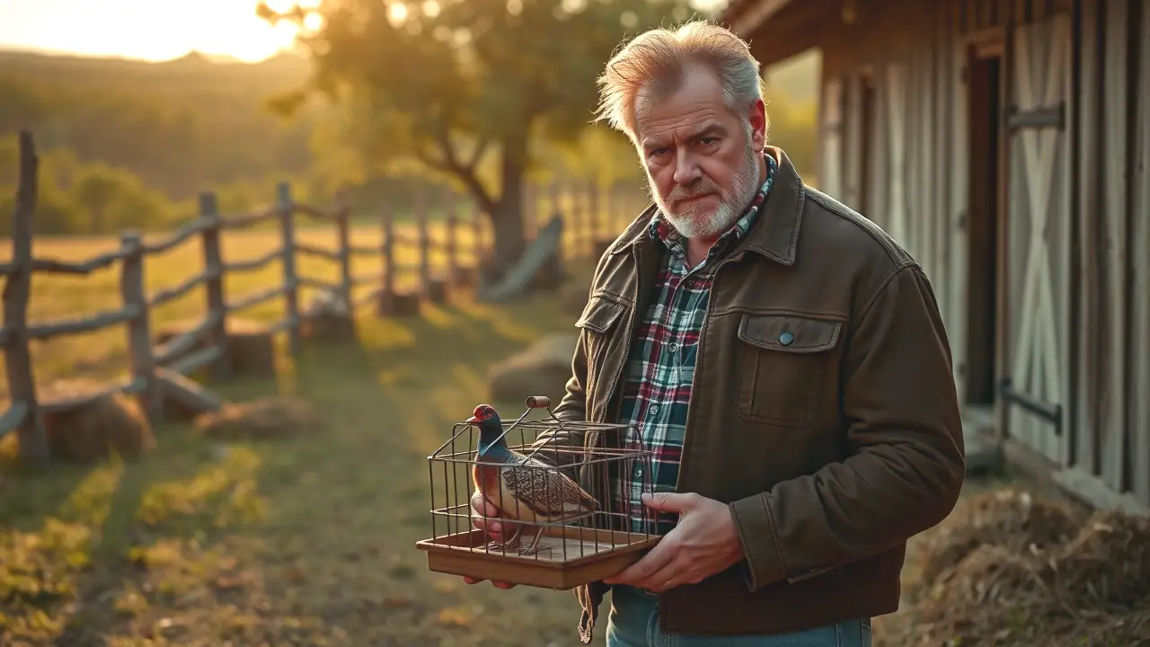 Un hombre serio sostiene un faisán en la ruralidad española