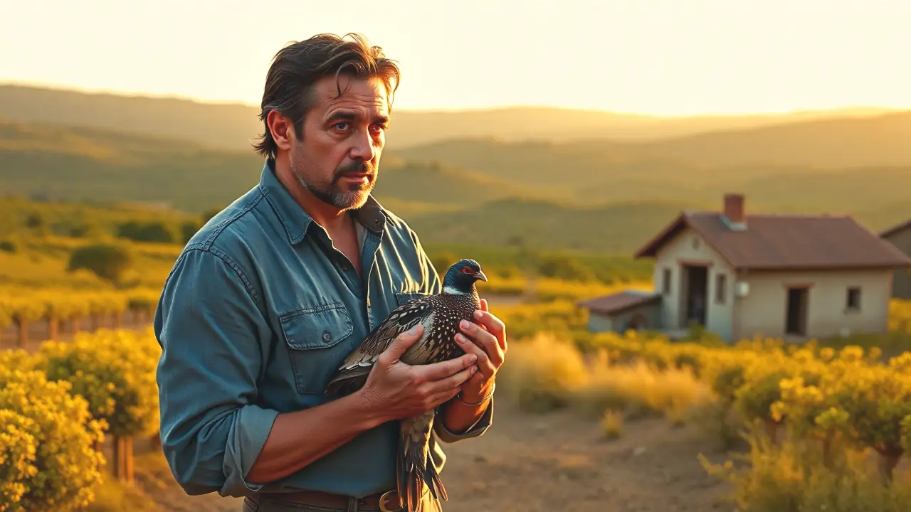 Un hombre pensativo sostiene un faisán en la campiña española