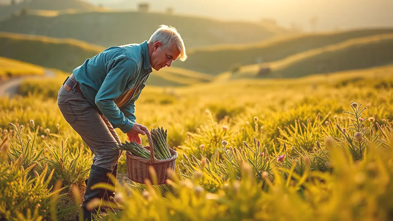 Un hombre recolecta espárragos en España