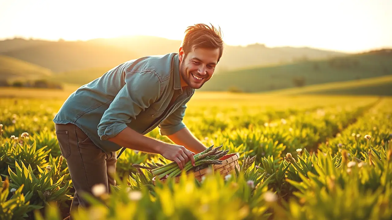 Un hombre español sonríe entre espárragos dorados