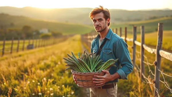 Un hombre pensativo recoge espárragos en España