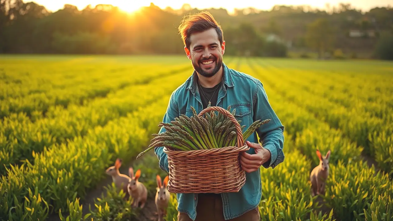Un hombre sonriente sostiene espárragos en el campo