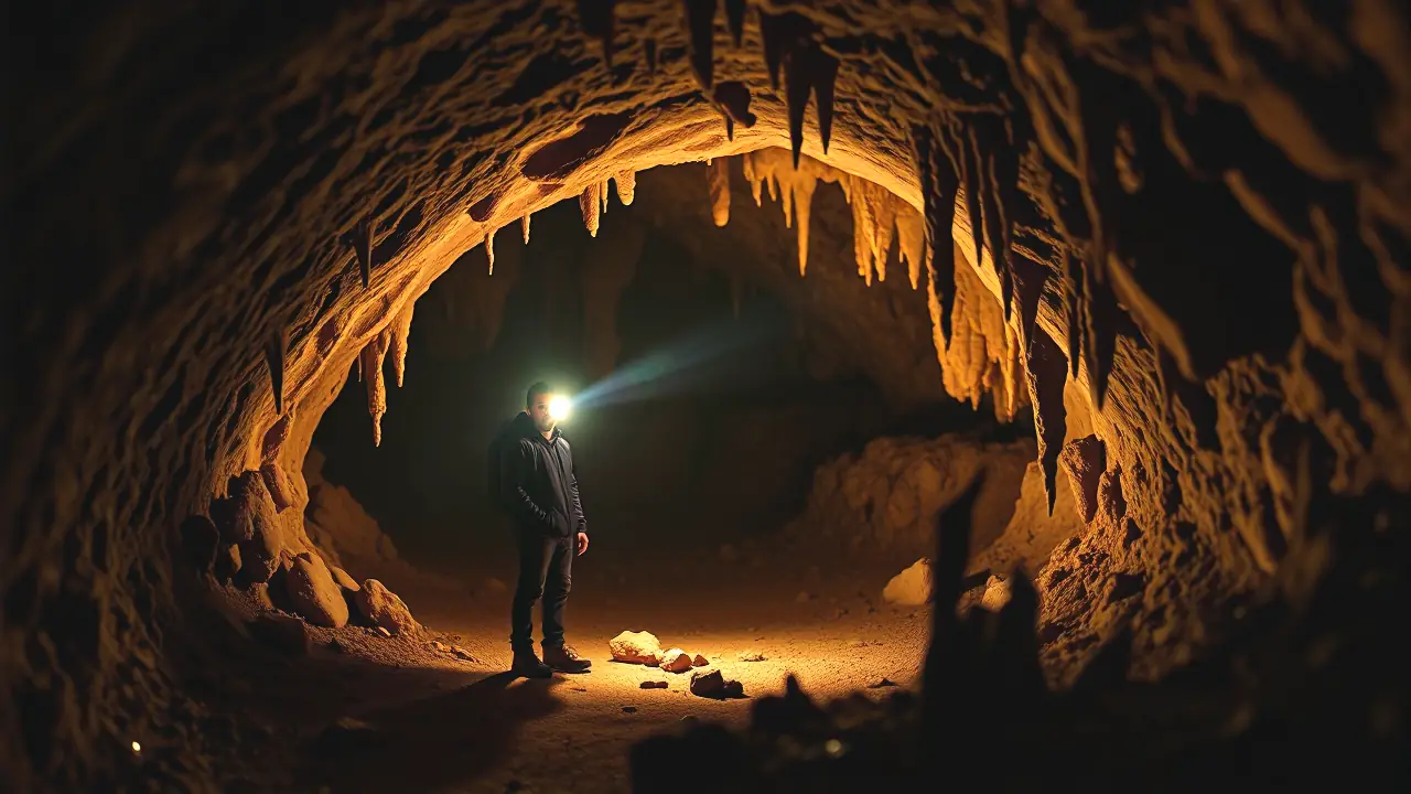 Un hombre atlético explora una cueva misteriosa