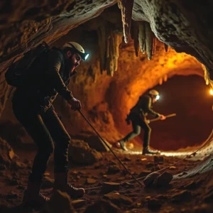 Un explorador aventurero ilumina una cueva misteriosa