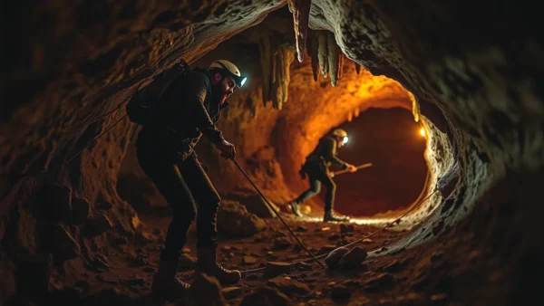 Un explorador aventurero ilumina una cueva misteriosa