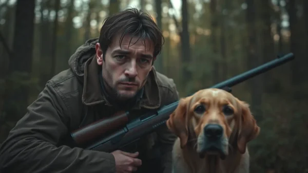 Un cazador melancólico se fotografía en bosque