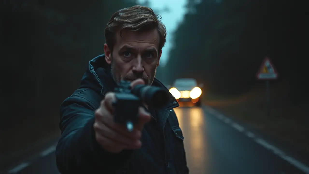 Un hombre serio usa visor en la noche