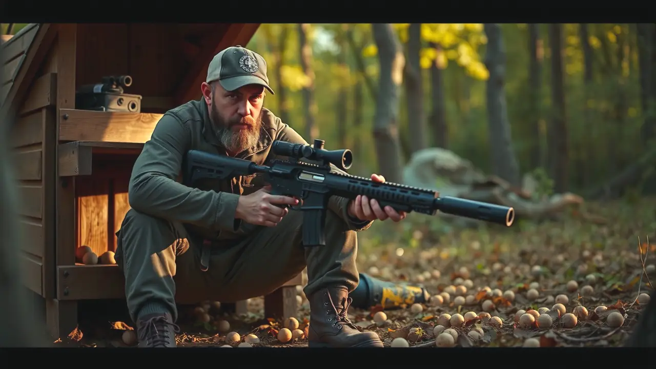 Un cazador español observa su arma en la naturaleza