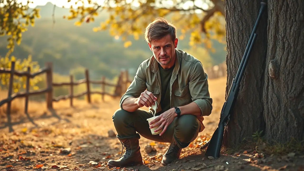 Un hombre español en la naturaleza prepara gel