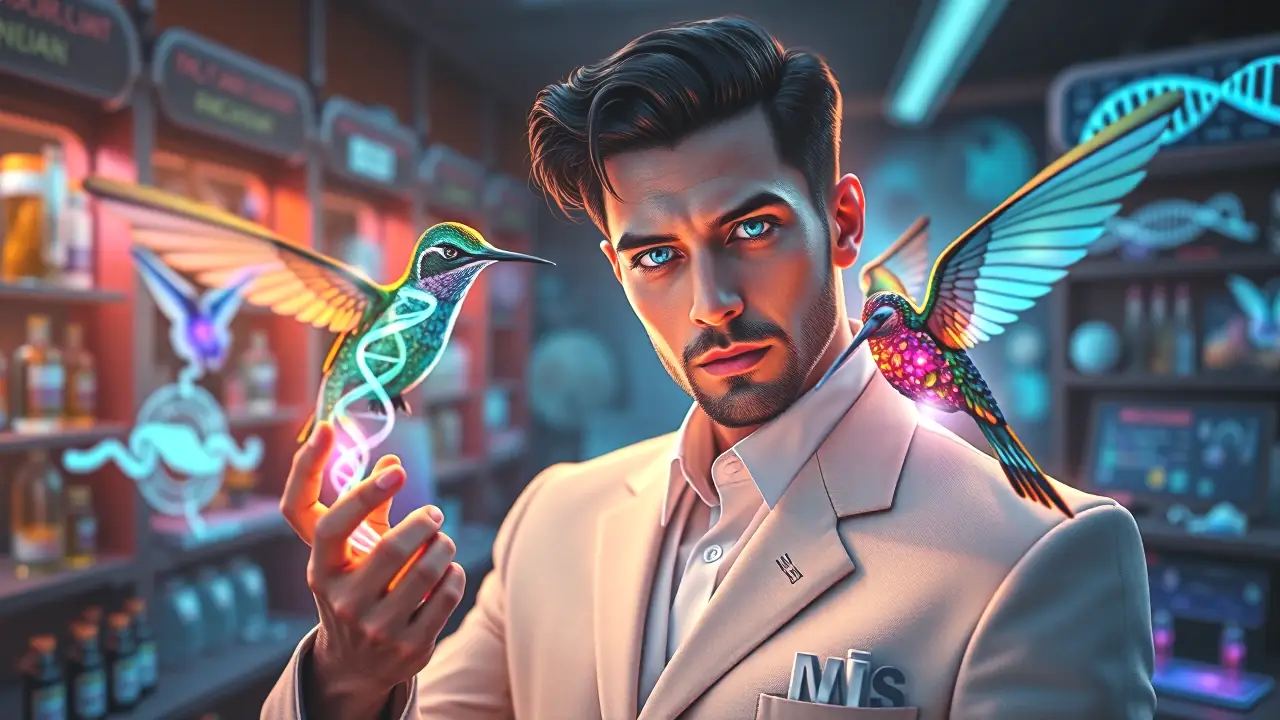 Un hombre científico sostiene ADN brillante en laboratorio