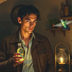 Un hombre pensativo sostiene un vial mágico