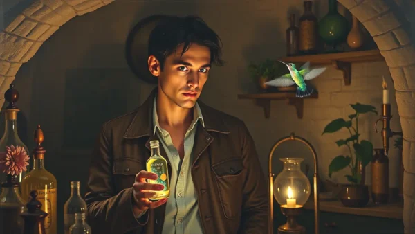 Un hombre pensativo sostiene un vial mágico