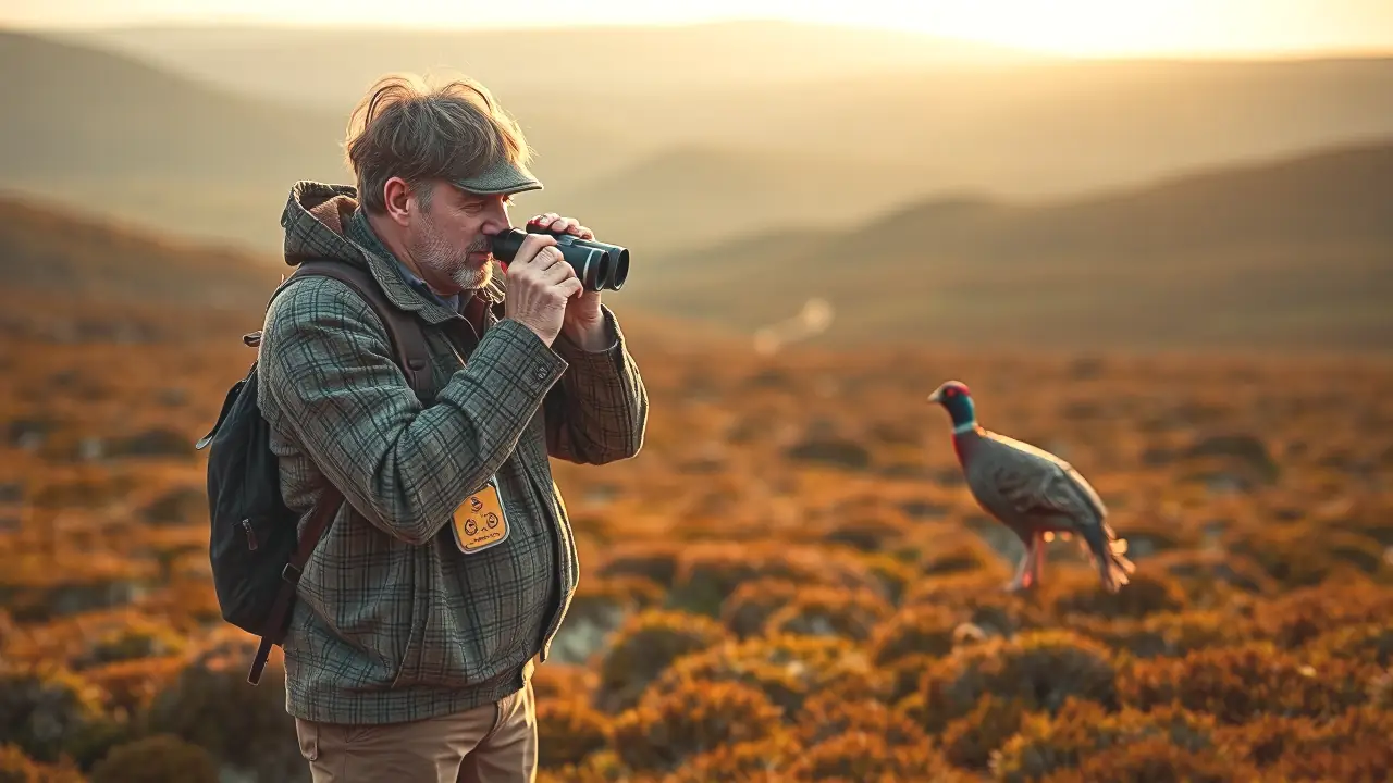 Un hombre observa un gallo en Escocia